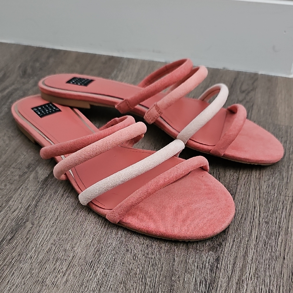 White House Black Market Pink Sandals Suede Like Straps Sz 8 Narrow EUC Flats